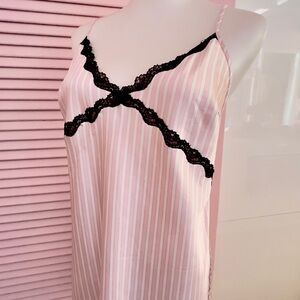 Victoria Secret Baby Doll Top Size L Pink Stripe Black Lace Camisole Satin NICE